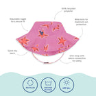 UV Protective Sun Hat Pink Starfish with toggle for a secure fit, quick-drying fabric, wide brim for sun protection and velcro chin strap.